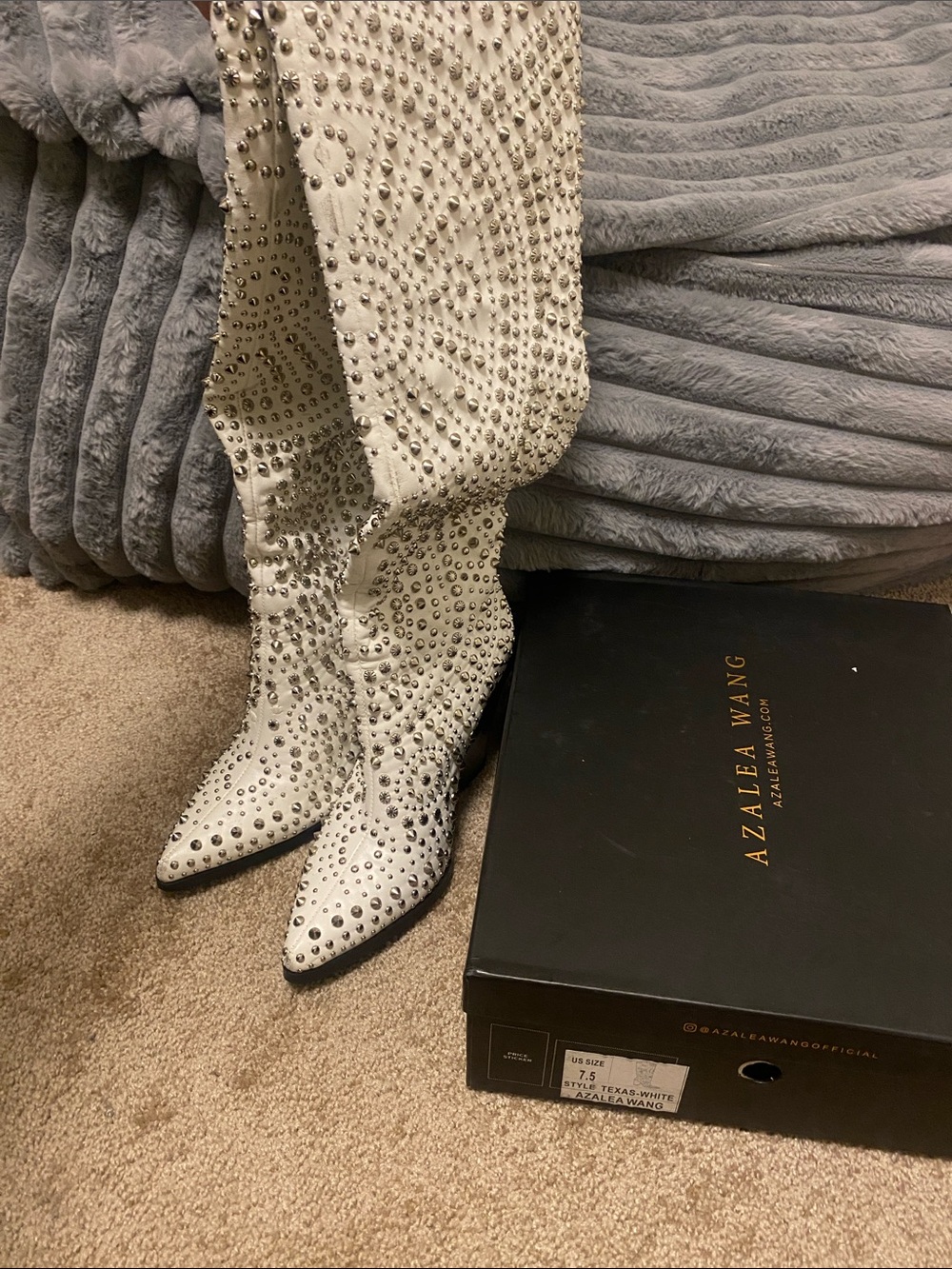 Azalea Wang White Stud-Embellished Over-the-Knee Heeled Boots